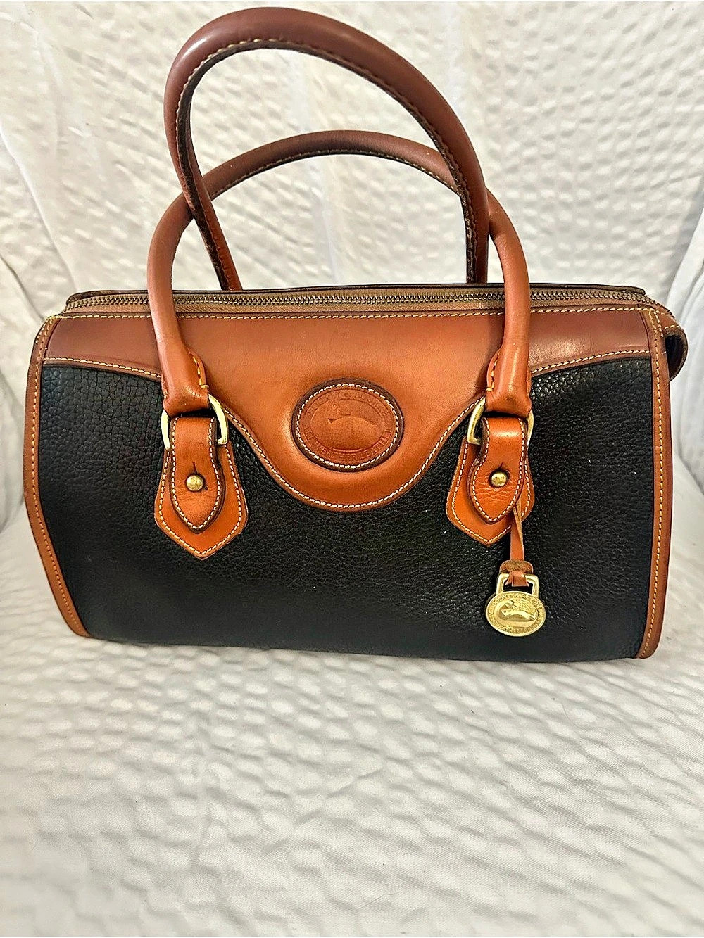 Dooney & Bourke Vintage All Weather Leather Satchel Barrel Bag in Black & Brown